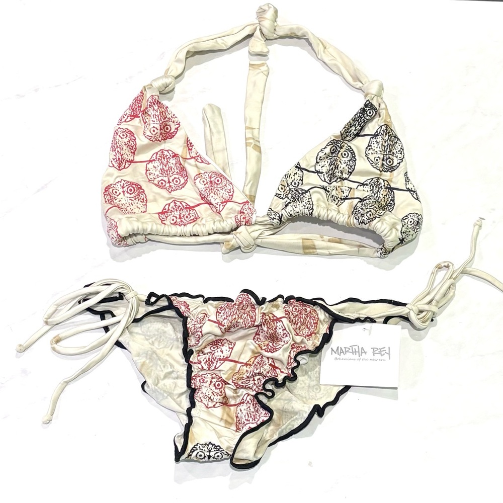 Martha Rey Red Black Owl Print Bikini String Bikini Bottoms Halter Top Medium